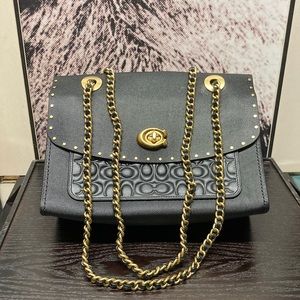 NEW  Coach Parker Black/Gold Shoulder Bag Signature Leather with Rivets (68001)